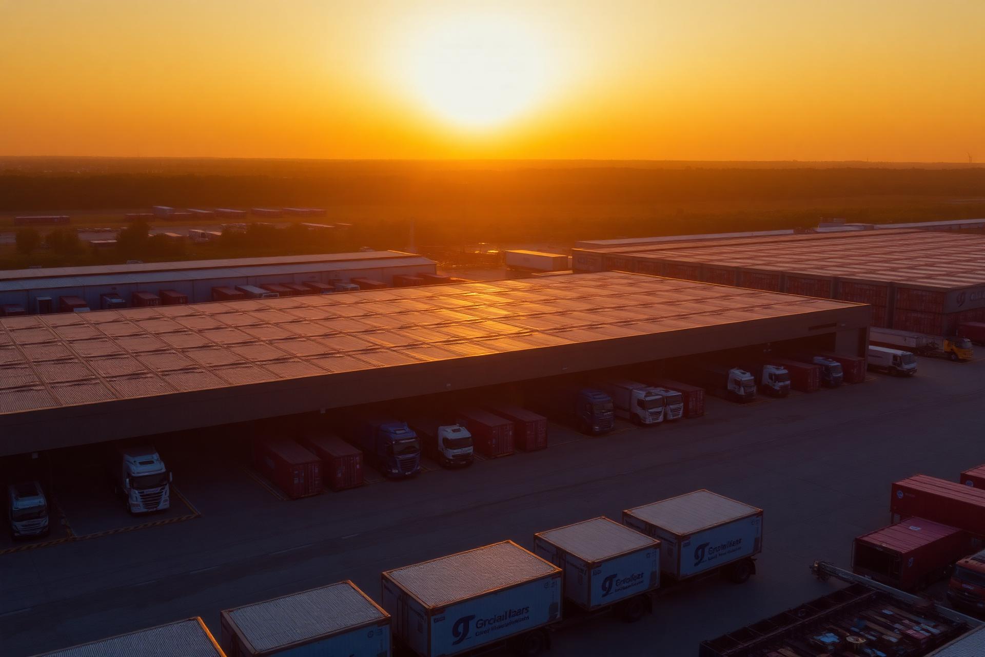 Polo logistico al tramonto con camion in carico alle baie di un magazzino