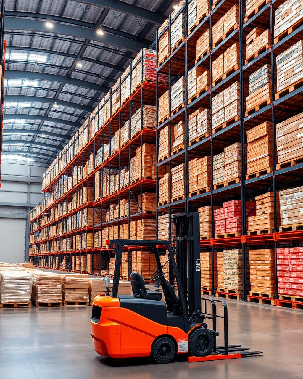 Magazzino con scaffalature alte e carrello elevatore per la logistica
